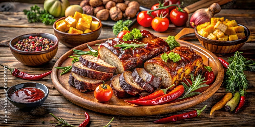 Smoky Barbecue Dish with Glazed Meat on Rustic Wooden Table, Perfect for Food Photography, Culinary Art, Grilling, BBQ Feast, Delicious Meat, Outdoor Dining, Summer Recipes