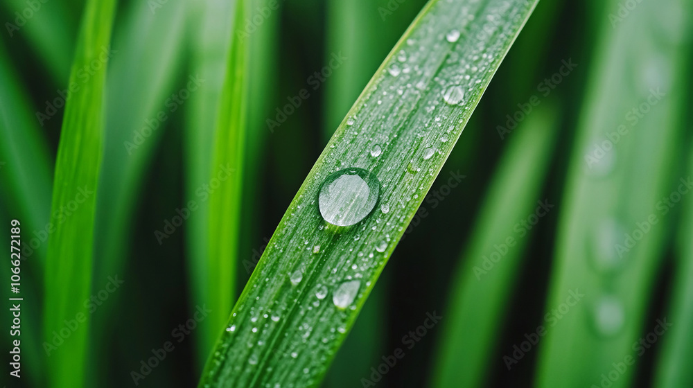 Explore the serenity of nature by observing dew drops on green grass leaves in a tranquil environment