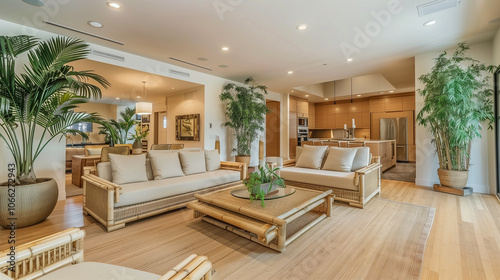 Living room with sustainable bamboo furniture, large potted plants, and neutral tones, creating a serene, nature-inspired space with eco-friendly decor.