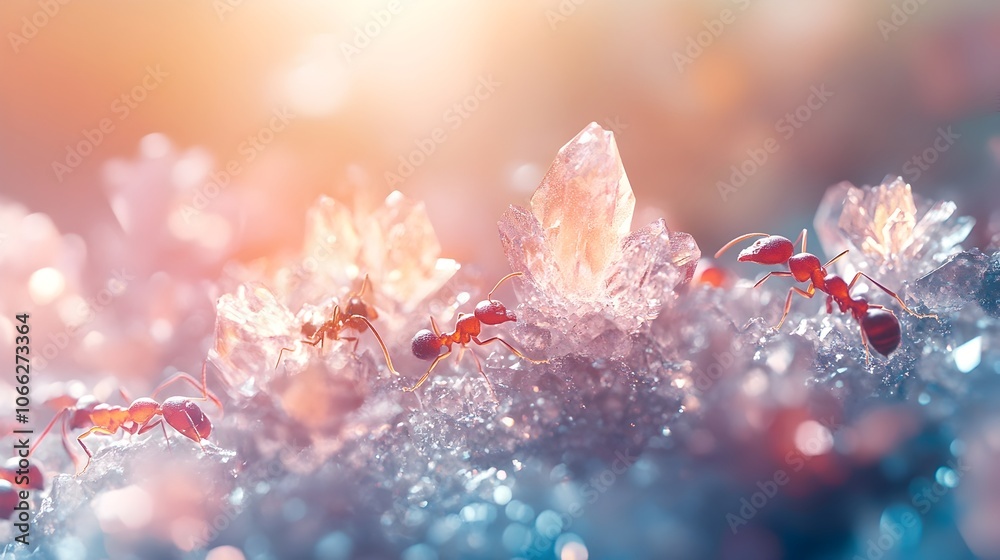 Scurrying Ants Among Glittering Sugar Crystals in Frosty Natural Macro Closeup