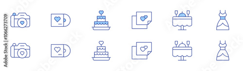 Wedding icon set in two styles, Duotone and Thin Line style. Editable stroke. photo camera, pictures, vinyl disc, wedding cake, wedding dinner, wedding dress