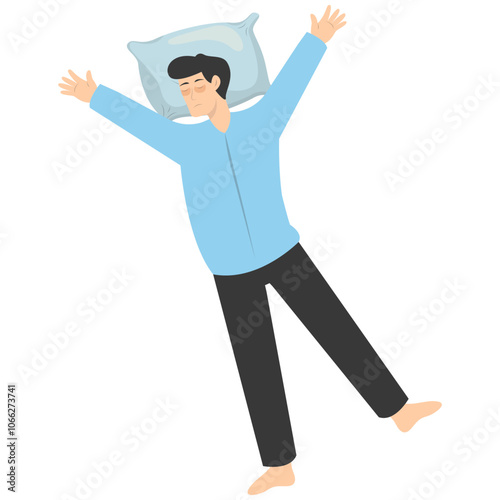Illustration of Boy Sleeping Pose on Pillow Top. Vector Character in Cartoon Style.
