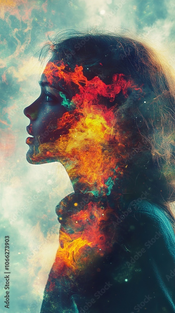 Abstract Surreal Portrait of a Woman with Fire and Galaxy Elements Abstract Surreal Portrait of a Woman with Fire and Galaxy Elements