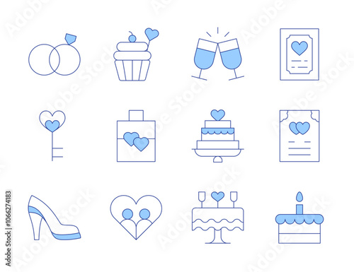 Wedding icons. Line Duotone style, editable stroke. cake, invitation, couple, cupcake, gift bag, key, marriage, shoe, wedding cake, wedding