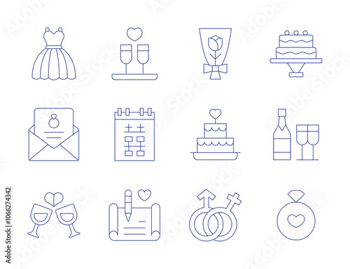 Wedding icons. Thin Line style, editable stroke. wedding cake, wedding dress, wedding invitation, weddings, calendar, contract, flower bouquet, get married, wine