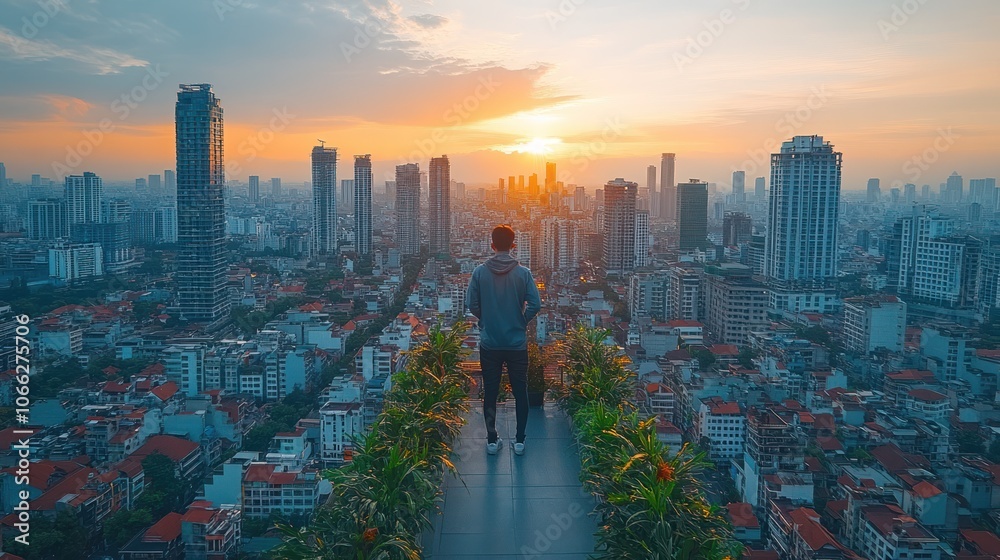 Naklejka premium A lone man stands on a rooftop overlooking a cityscape at sunrise.