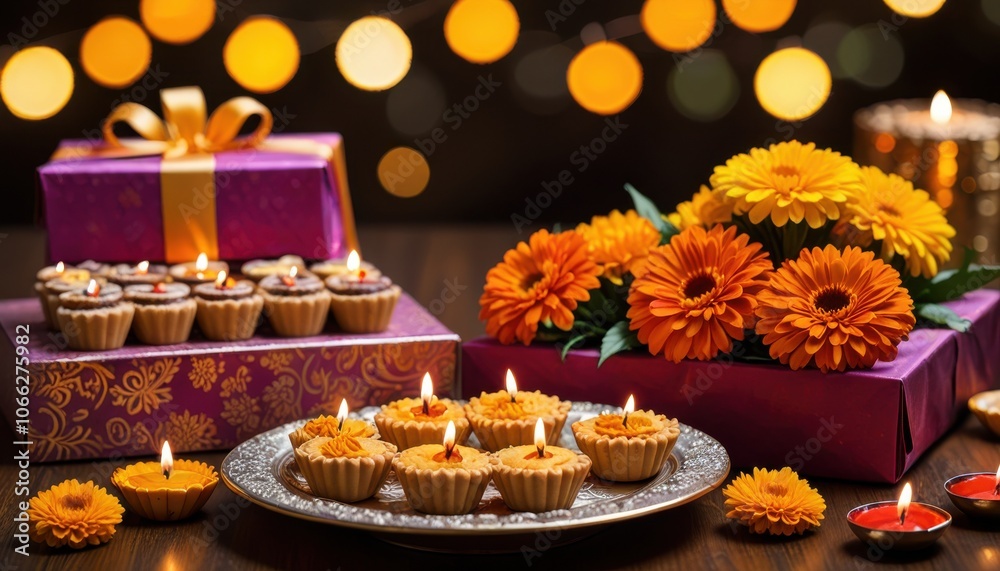 Fototapeta premium festive display of Indian sweets, lit diyas, marigold flowers, and a gift box, with a blurred background and bokeh lights enhancing the celebratory atmosphere.