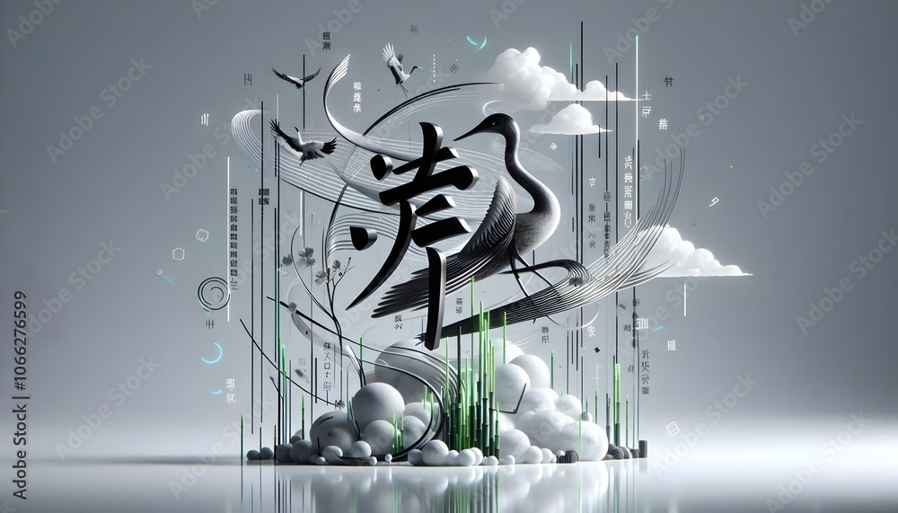 A 3d rendered sleek, modern take on traditional Chinese calligraphy ...