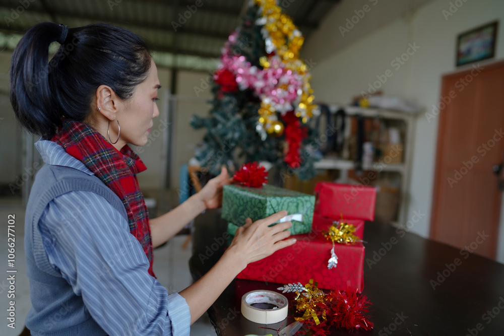 person in santa claus hat with christmas gift person in santa claus hat with christmas gift