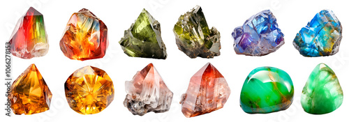 Collection set of gemstone mineral rocks crystal semi-precious stones, on transparent PNG. Chrysoprase, Epidote, bayldonite, Ceruleite, Citrine, Childrenite. Many style. Mockup template for design