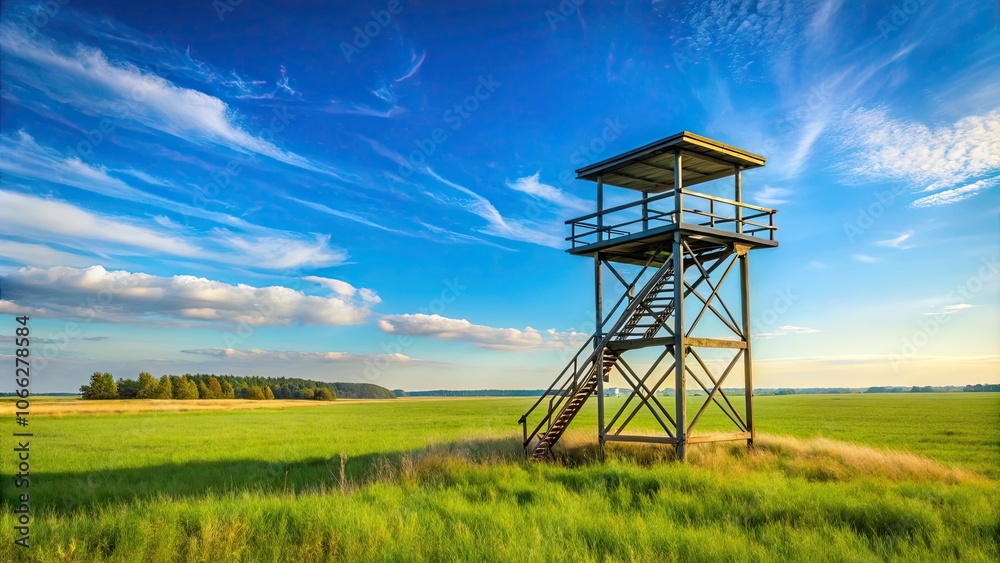 Watch tower overlooking a vast meadow with clear blue skies in the background, watch tower, meadow, landscape, nature Watch tower overlooking a vast meadow with clear blue skies in the background, watch tower, meadow, landscape, nature