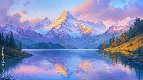 Majestic Mountain Range Reflected in a Tranquil Lake at Sunset