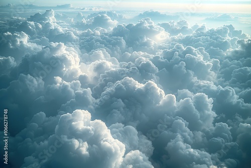 White clouds in sky from airplane, light blue and grey colors, high altitude photo