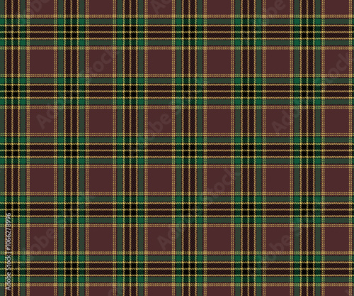 Plaid fabric pattern, brown, green, black, yellow, seamless for textiles, and for designing everyday clothes, skirts, pants or decorative fabrics. Vector illustration.