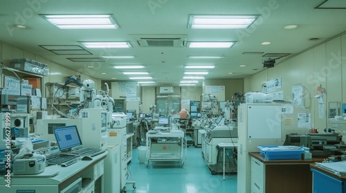 A sterile, well-lit laboratory interior with high-tech equipment and machinery.