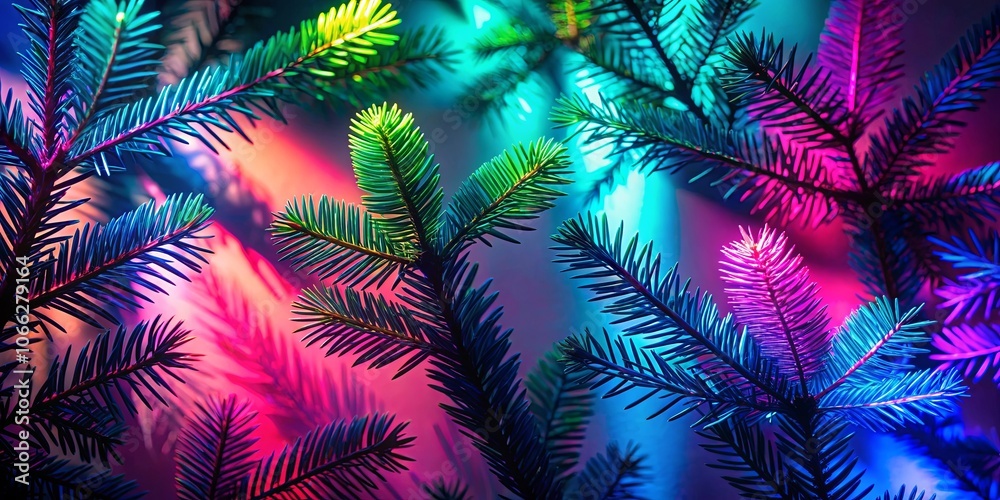 Evergreen branches illuminated by a vibrant spectrum of neon light, creating a captivating display of color and texture. Evergreen branches illuminated by a vibrant spectrum of neon light, creating a captivating display of color and texture.
