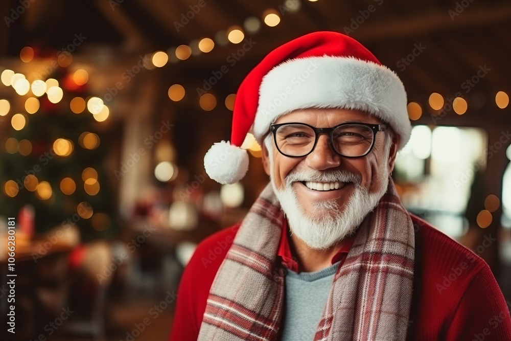 Portrait of smiling senior man in Santa hat at christmas time Portrait of smiling senior man in Santa hat at christmas time