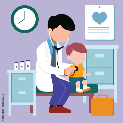 Doctor Treating a Small Child in a Pediatric Clinic - Medical Care Illustration