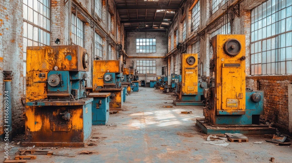 A long, dusty, abandoned factory with old machinery. A long, dusty, abandoned factory with old machinery.