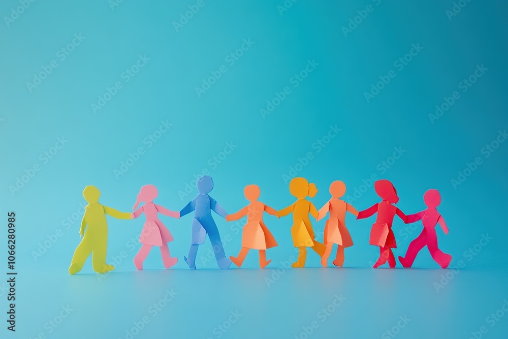 A row of colorful paper people holding hands on a blue background. A row of colorful paper people holding hands on a blue background.