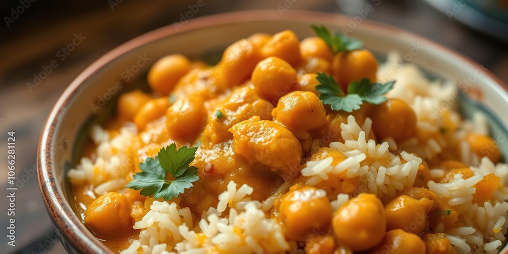 Close-up shot of steaming hot bowl of vegetarian rice with a rich and flavorful vegan chickpea curry sauce, fragrant herbs, saffron threads Close-up shot of steaming hot bowl of vegetarian rice with a rich and flavorful vegan chickpea curry sauce, fragrant herbs, saffron threads