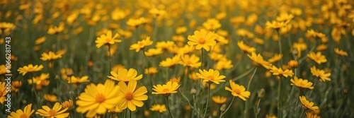 Field of golden cosmos flowers with a slight breeze, causing the delicate petals to sway gently, garden scene, wildflowers, natural beauty