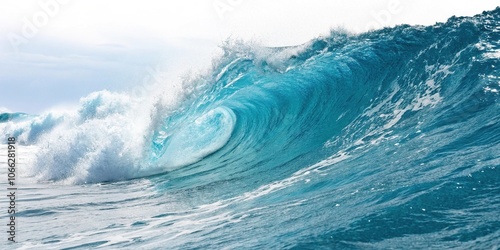 Ocean wave with blue water isolated on white background, sky, outdoors, marine life