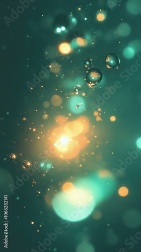 Abstract bokeh light bubbles with teal and orange glow.