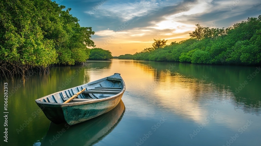 Fototapeta premium A calm river with a small boat floating through the mangroves