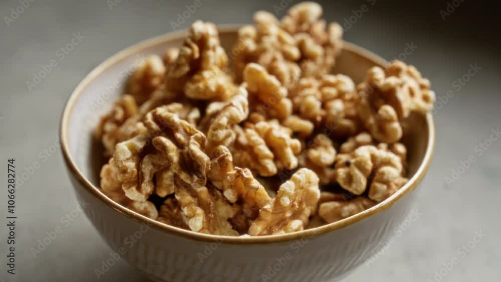 Closeup walnuts bowl healthy food organic snack on gray surface Closeup walnuts bowl healthy food organic snack on gray surface