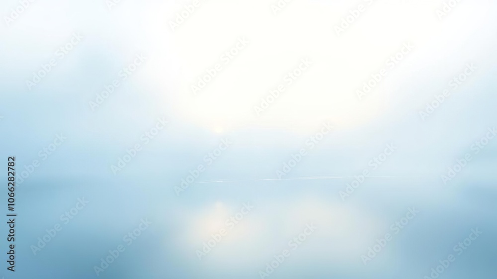 Fototapeta premium Softly glowing mist rises from a serene lake on an abstract pastel blue and white background, serenity, pastel blue