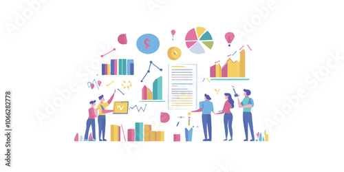 vector cartoon of people working by looking at graphs