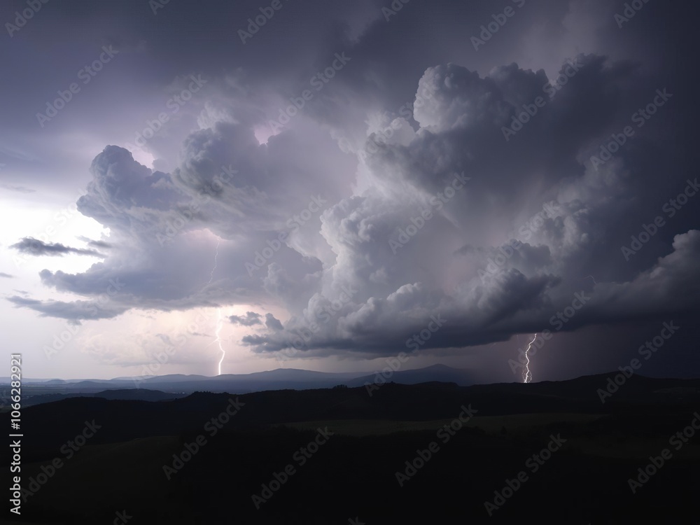 Fototapeta premium Towering thunderclouds with lightning illuminating the darkening landscape, heavy rain clouds, darkening horizon, flash flood