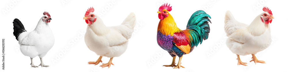 Fototapeta premium Various chickens with colorful feathers, white isolate background.