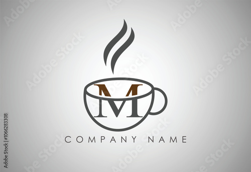 Alphabet M Coffee cup, Coffee badge, Coffee cup logo design.