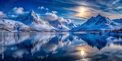 Serene Reflection of Snow-Capped Peaks Under a Full Moon, with a Sky Scattered with Stars