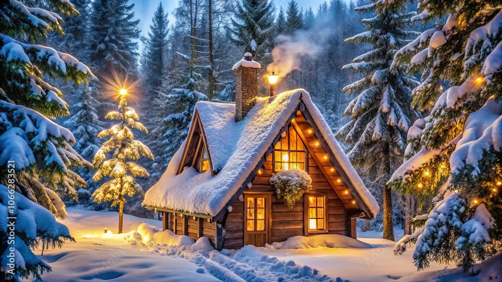 Fototapeta premium A Cozy Cabin Nestled Amidst a Snowy Forest, Illuminated by Twinkling Lights and a Warm Glow Emitting from Within