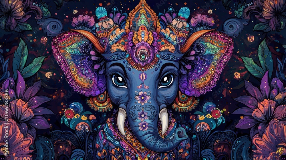 Fototapeta premium ganesha, mouse, throne, colorful, floral, portrait, illustration, detailed, smiling, eyes, face, full-body, hindu, deity, art, culture, divine, statue, spirituality, celebration, tradition, vibrant, 