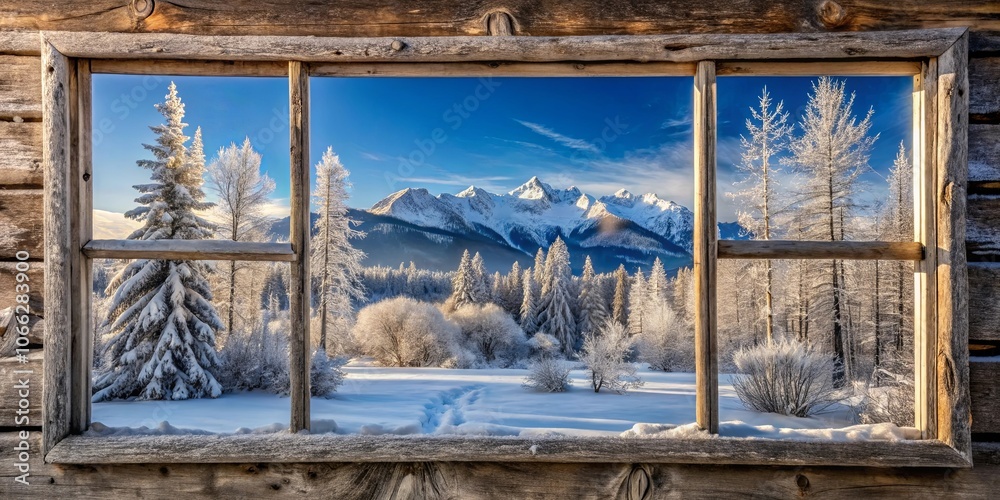 Fototapeta premium A Rustic Window Frame Reveals a Winter Wonderland, Where Snow-Covered Trees Stand Silently Before a Majestic Mountain Range.