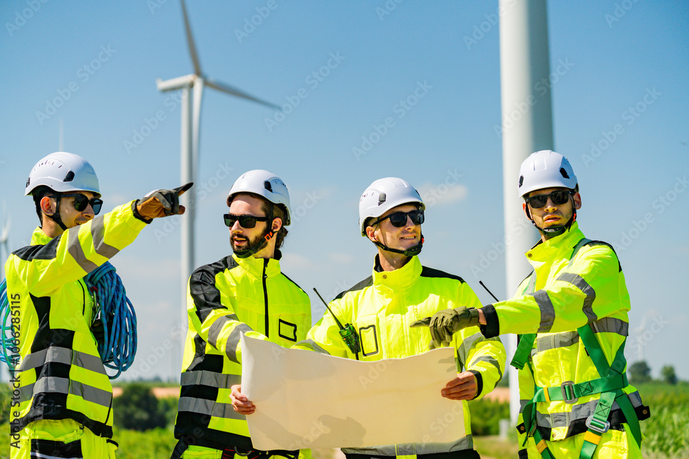 Fototapeta premium Four young male wind farm engineers work inspecting field systems.Wind turbine engineer inspection and wind turbine inspection progress at construction site.