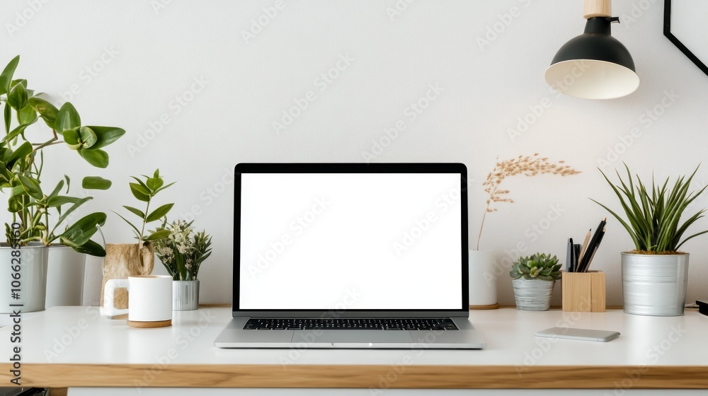 A white desk with a laptop, a mug, pens, and plants in a modern home office. A white desk with a laptop, a mug, pens, and plants in a modern home office.