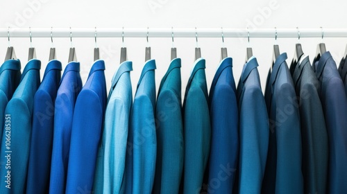 Display of blue and teal men's formal suits, perfect for a modern look, on a clean white backdrop. photo