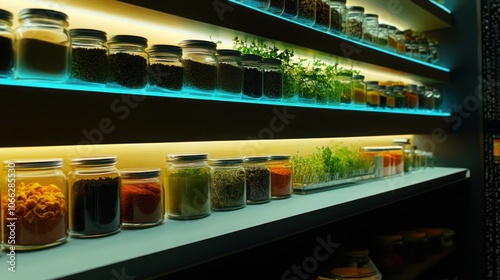 Wallpaper Mural Glass jars filled with various spices and herbs are neatly organized on shelves with blue LED lights. Torontodigital.ca