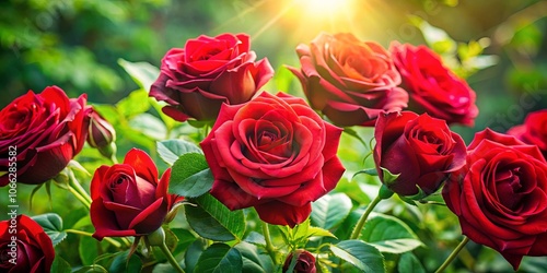 A symphony of crimson blooms basking in the golden rays of the sun, each delicate petal capturing the essence of warmth and beauty.