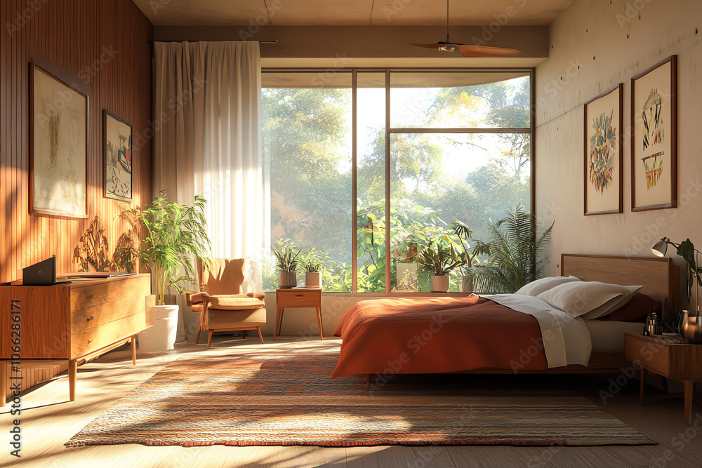 Midcentury modern bedroom with a large window, sunlight, cozy wooden furniture, vintage accents, natural textures, inviting atmosphere, realistic 3D render Midcentury modern bedroom with a large window, sunlight, cozy wooden furniture, vintage accents, natural textures, inviting atmosphere, realistic 3D render