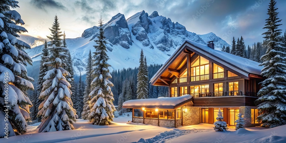 A Cozy Cabin Nestled Among Snowy Pines with a Majestic Mountain Range as a Backdrop, Illuminated by the Warm Glow of Interior Lights, Creating a Sense of Tranquility and Comfort A Cozy Cabin Nestled Among Snowy Pines with a Majestic Mountain Range as a Backdrop, Illuminated by the Warm Glow of Interior Lights, Creating a Sense of Tranquility and Comfort