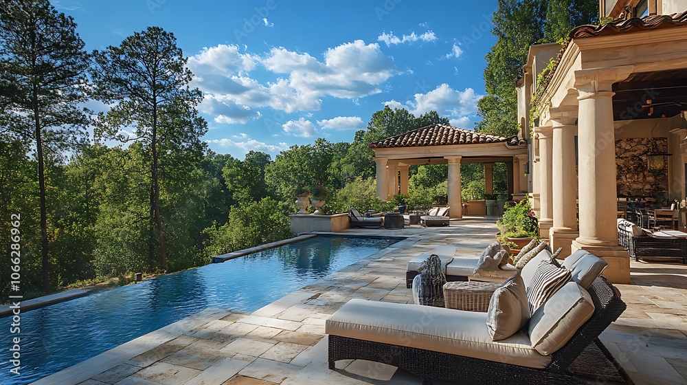 Fototapeta premium Poolside Relaxation at a Luxurious Estate with a View of Trees