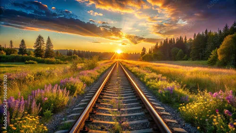 Obraz premium Golden Sunset Illuminates Railway Tracks Leading Through a Field of Blooming Wildflowers and a Majestic Forest