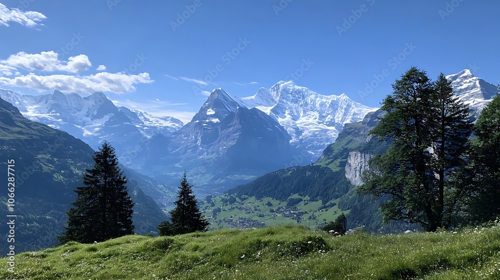Majestic Swiss Alps with Snowy Peaks and Lush Green Meadows Majestic Swiss Alps with Snowy Peaks and Lush Green Meadows