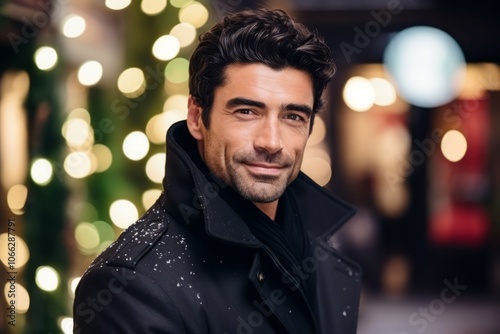 Portrait of a handsome young man in a black coat, looking at the camera.